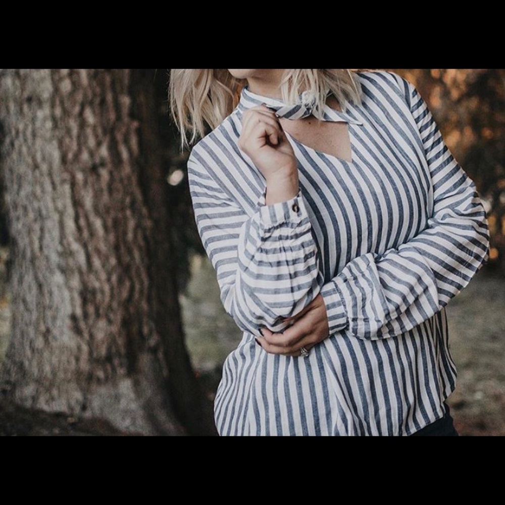 Blue and White Striped Neck Tie Blouse